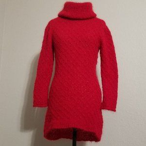 Hand Crafted Knitted Red Mohair Long Sweater/Dress Size S